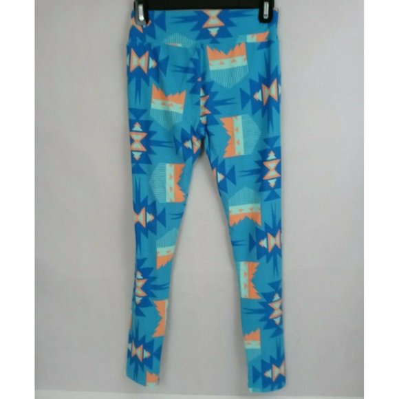New LuLaRoe One Size Leggings Blue & Peach With Aztec Design - Picture 3 of 6